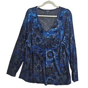 Whimsigoth 3X Blue Velvet Burnout Long Sleeve Top Leaf Print V Neck #503